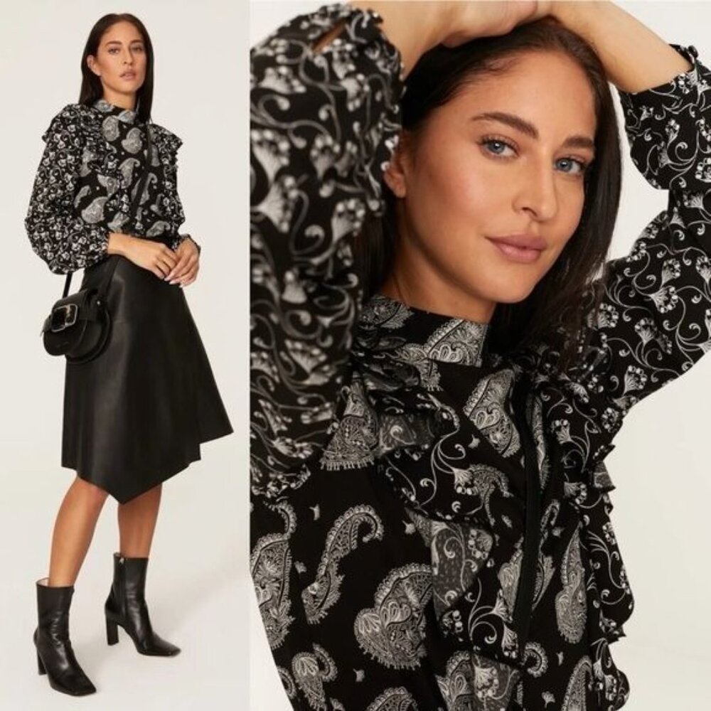 Ted Baker Tiasey Paisley Ruffle Blouse Top 0 Black High Neck Waterfall Frill